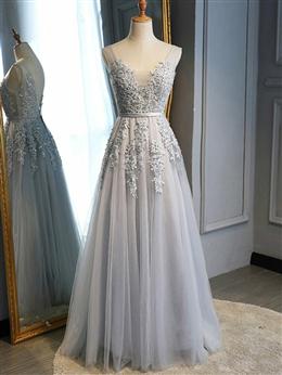 Picture of Gray Tulle with Lace Long Prom Dress, A-line Floor Length Gray Evening Dress, Gray Bridesmaid Dress